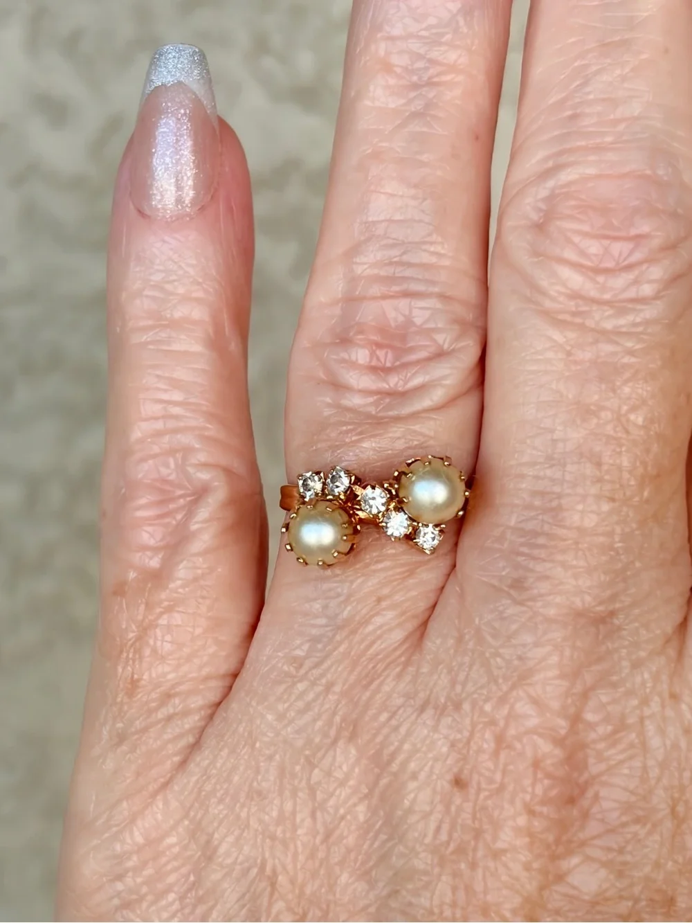 Gold Pearl and Crystal Open Ring